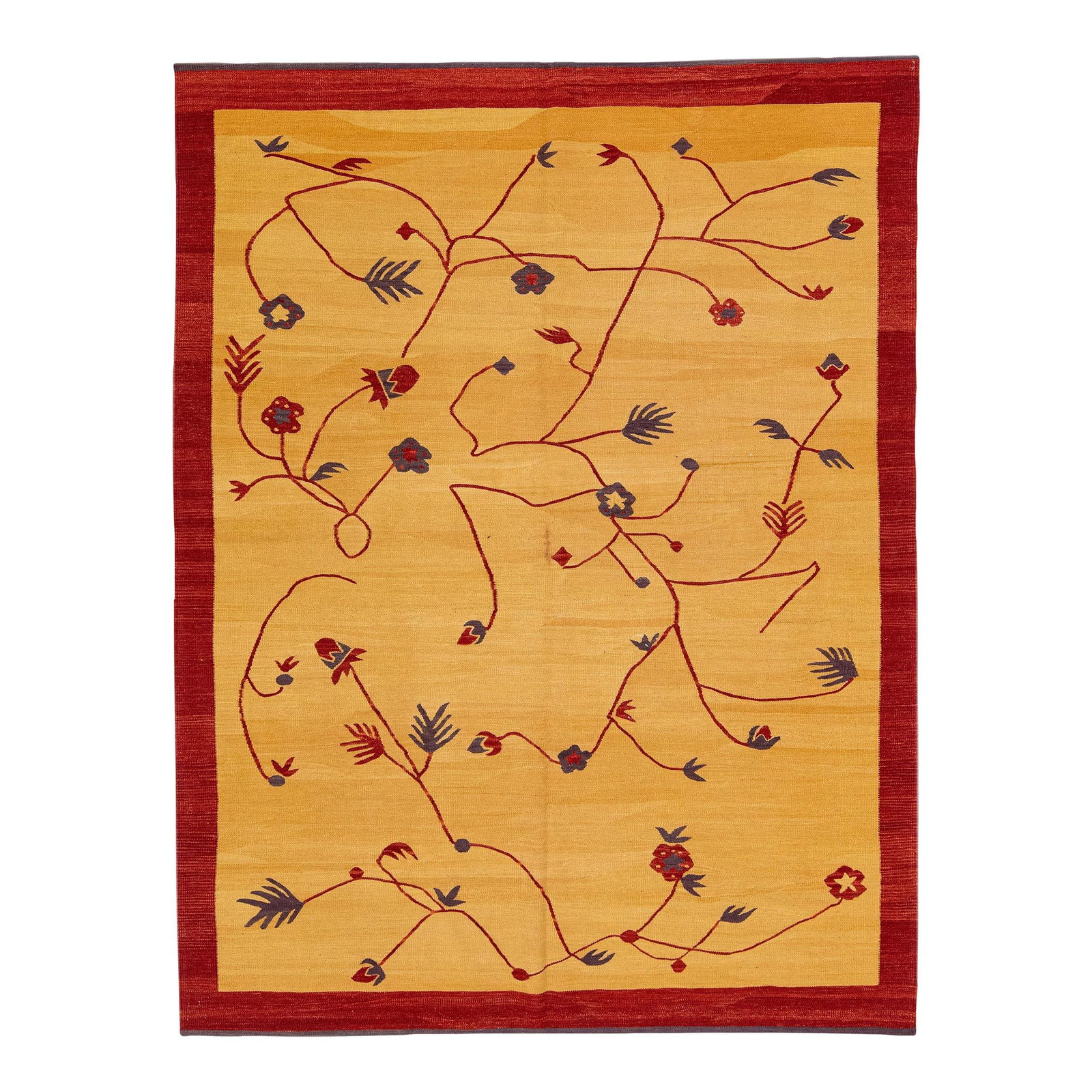 Handmade Modern Kilim Yellow Wool Rug 6'3" x 8'1": Handmade Modern Kilim Yellow Wool Rug 6'3" x 8'1" Enhance your living space with this stunning Modern Kilim handmade wool rug. Featuring a vibrant yellow color field, this piece is beautifully framed 