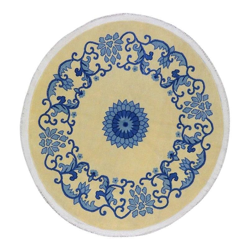 Chinese Art Deco Wool Hand-Knotted Rug 5'7" x 6' Vintage Yellow: Chinese Art Deco Wool Hand-Knotted Rug 5'7" x 6' Vintage Yellow This vintage Chinese Art Deco rug is hand-knotted from wool, showcasing traditional craftsmanship with a contemporary flair. Its rich te