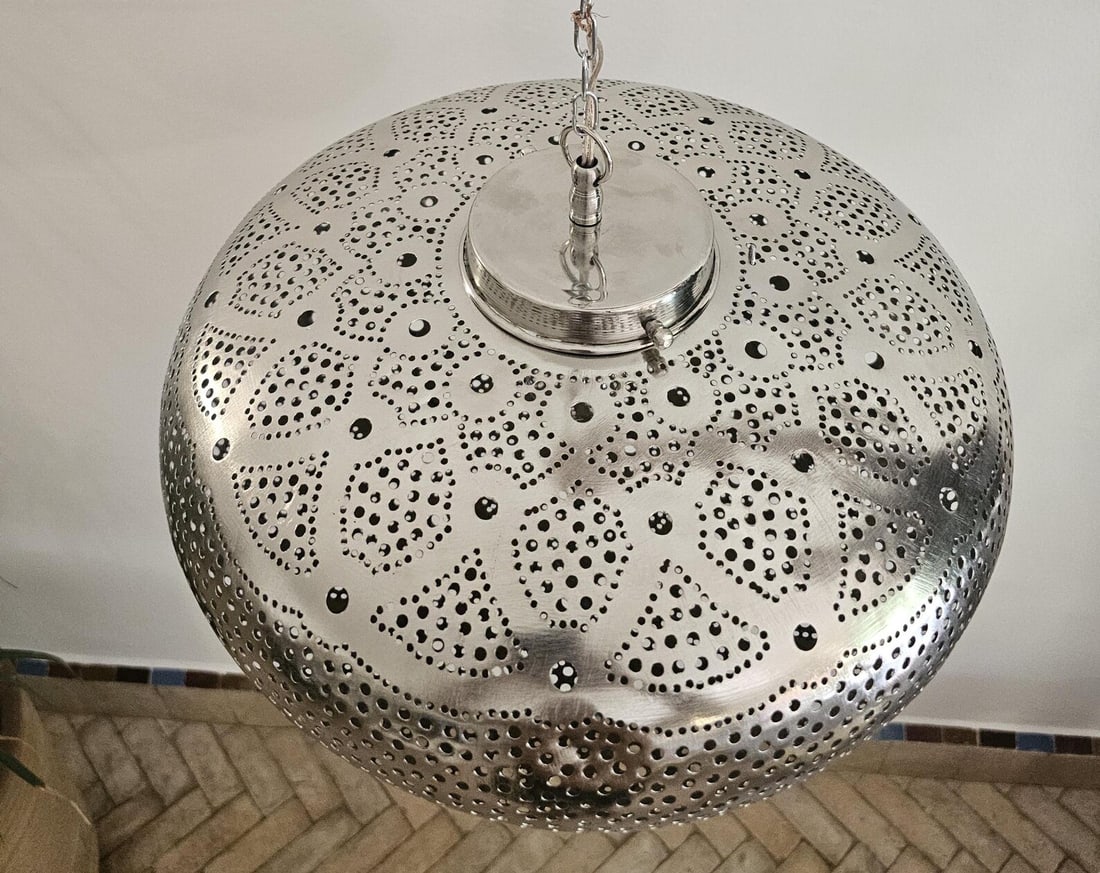 Moroccan Copper Ceiling Pendant Light Hand Engraved Shadow Pattern - 6