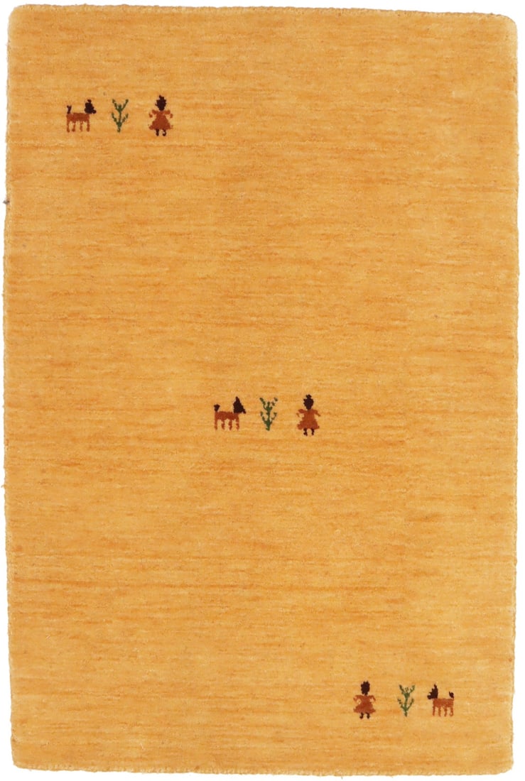 2 x 3 ft Handmade Wool Gabbeh Area Rug Tribal Modern: 2 x 3 ft Handmade Wool Gabbeh Area Rug Tribal Modern Handmade tribal Gabbeh area rug with a modern pictorial design in golden peach. This pre-owned wool rug is hand-loomed and recently made, offering 