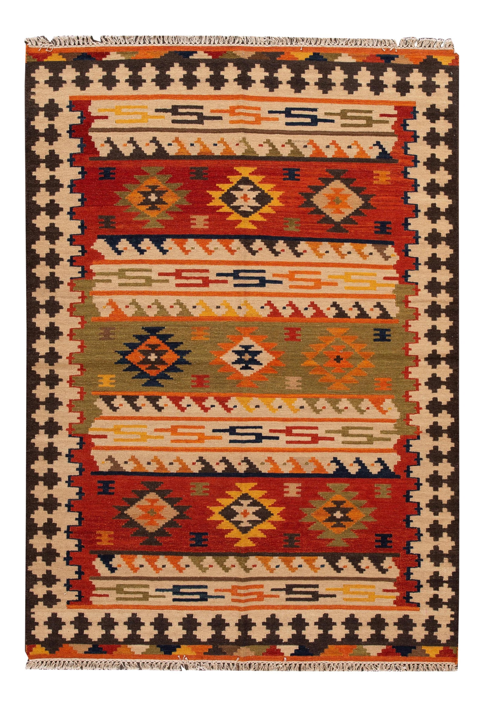 Hand-Woven Contemporary Kilim Rug Ivory Geometric 5'6" x 7'10" Wool: Hand-Woven Contemporary Kilim Rug Ivory Geometric 5'6" x 7'10" Wool Transform your living space with this stunning hand-woven modern Kilim rug. Featuring an elegant ivory field adorned with vibrant mu