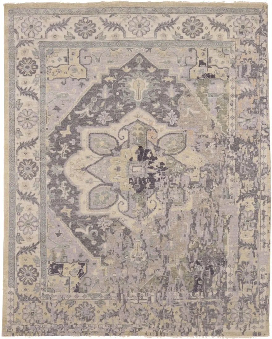 Hand-Knotted Wool Heriz Serapi 8x10 Transitional Floral Area Rug: Hand-Knotted Wool Heriz Serapi 8x10 Transitional Floral Area Rug This hand-knotted wool area rug features a distressed floral Heriz Serapi pattern in muted tones of brownish gray, cream, beige, and ot