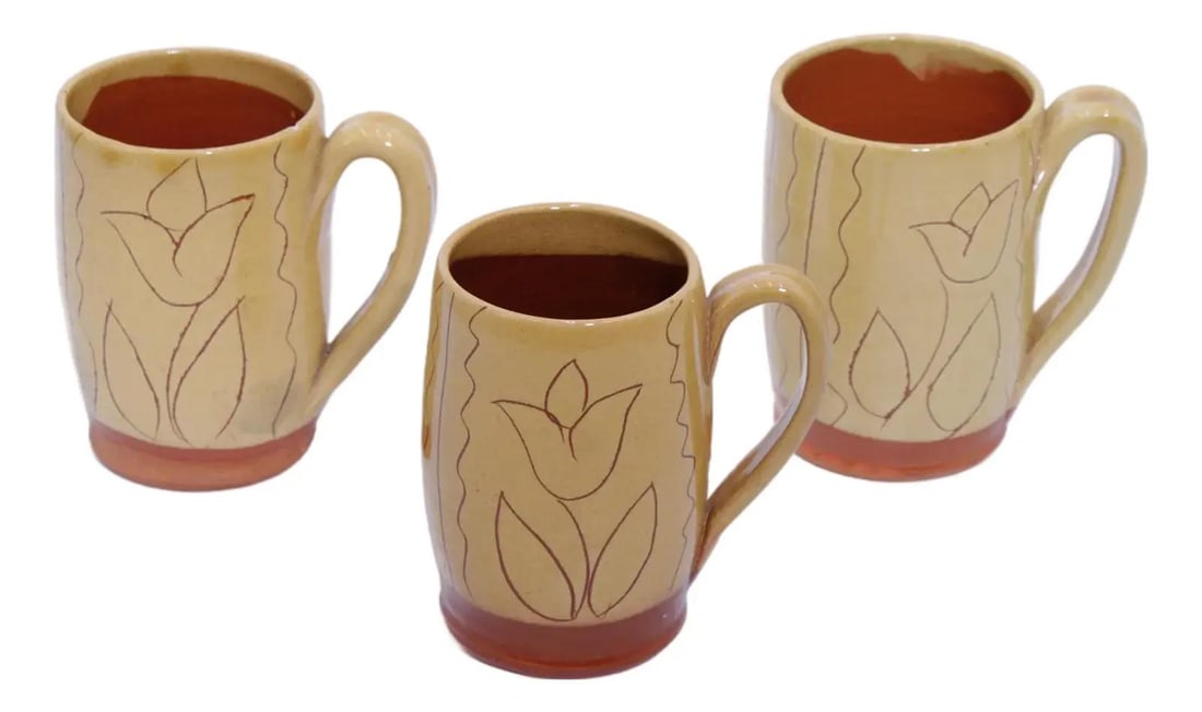 Set of Three Sgraffito Tulip Pottery Mugs Inspired by 18th Century Design (1 of 10)