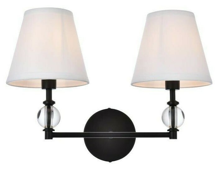 Bethany 2 Light Black Wall Sconce White Shade: Bethany 2 Light Black Wall Sconce White Shade Modern 2-light wall sconce with a black finish, designed for indoor use. It features a white shade and glass/crystal ball details, with a hardwired power 
