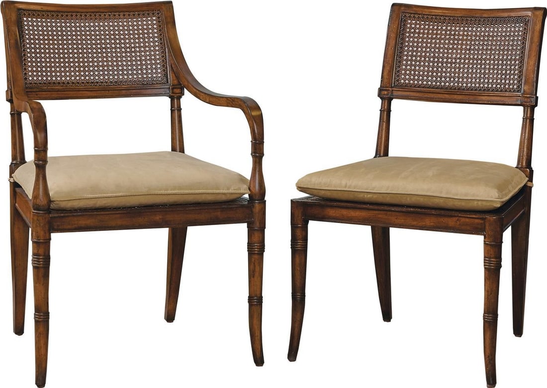 Port Eliot Regency Mahogany Arm Chair with Caned Back: Port Eliot Regency Mahogany Arm Chair with Caned Back This elegant mahogany armchair features a refined caned back and showcases a classic Regency style. The chair is designed with gold and silver acc