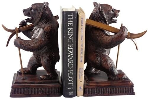 Charming Skiing Bear Lodge Bookends Hand-Cast Resin 9H 9W 6D: Charming Skiing Bear Lodge Bookends Hand-Cast Resin 9H 9W 6D This item is made at time of order. Please allow 42 to 70 days for production. Enhance your lodge-inspired decor with these charming Skiing