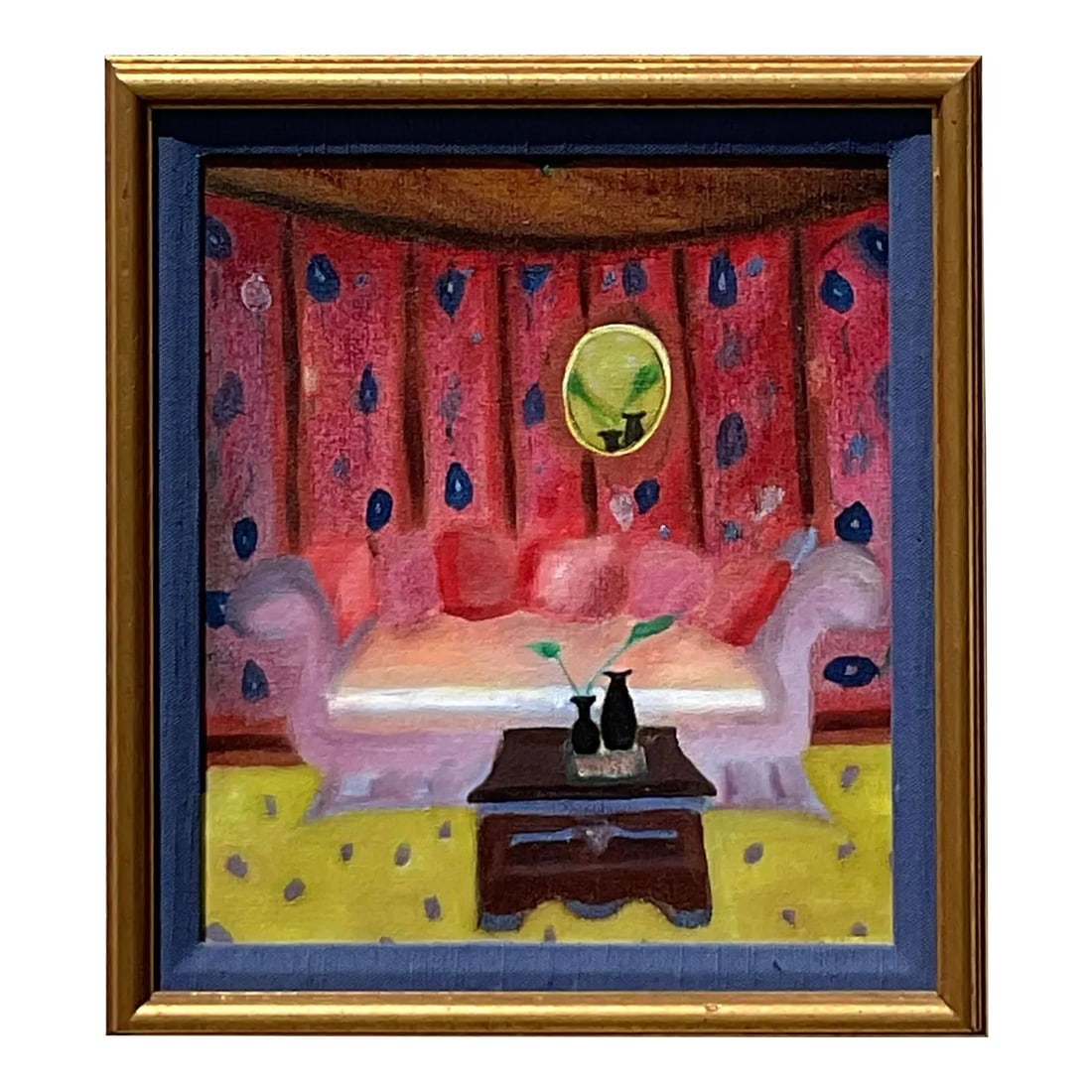 Vintage Boho Oil Painting Cozy Room Scene Canvas 12.75x14.25: Vintage Boho Oil Painting Cozy Room Scene Canvas 12.75x14.25 This Vintage Boho Original Interiors Oil Painting on Canvas features a charming and eclectic room scene characterized by earthy tones and r