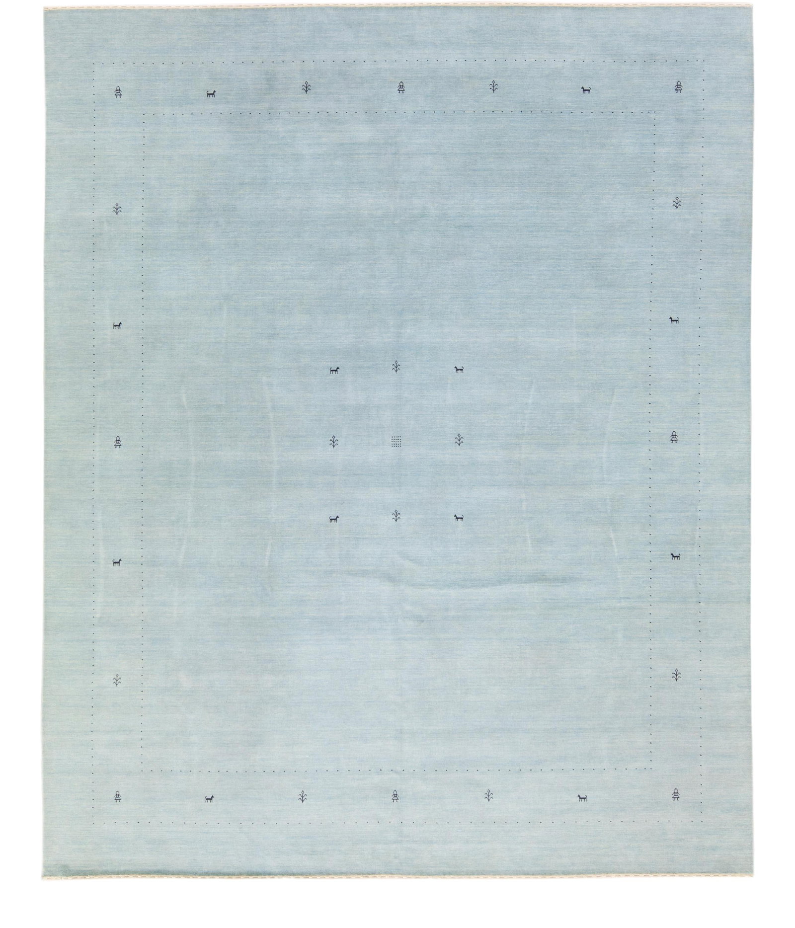 Modern Gabbeh Hand-Loom Wool Rug Light Blue Geometric Design 12'2 x 15': Modern Gabbeh Hand-Loom Wool Rug Light Blue Geometric Design 12'2 x 15' Enhance your living space with this stunning Modern Gabbeh Style Hand-Loom Wool Rug. Featuring a soothing light blue field adorn