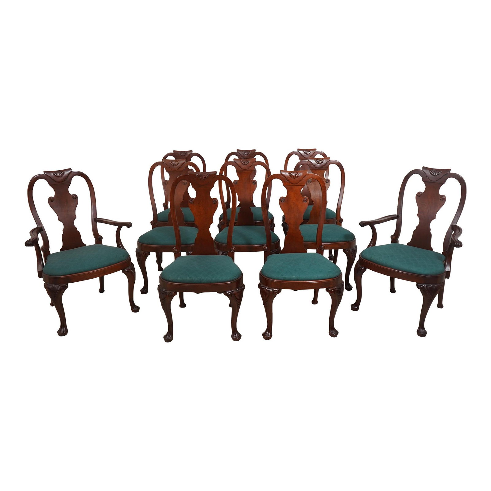 Set of 10 Baker Historic Charleston Mahogany Dining Chairs: Set of 10 Baker Historic Charleston Mahogany Dining Chairs Enhance your dining experience with this exquisite set of 10 Baker Historic Charleston Mahogany Dining Room Chairs. Crafted approximately 20 