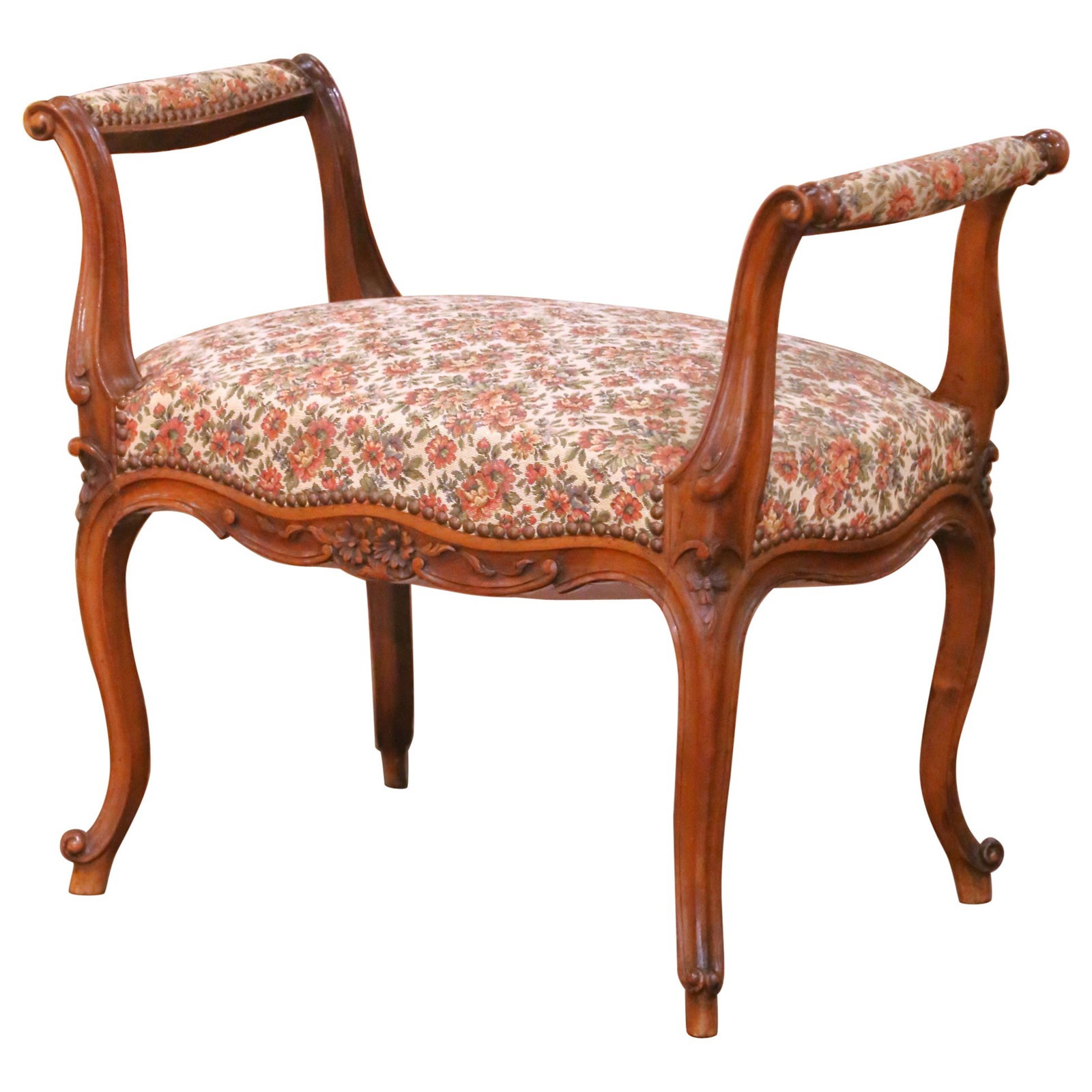 French Louis XV Style Walnut Piano Bench With Upholstered Seat Mid-Century Design: French Louis XV Style Walnut Piano Bench With Upholstered Seat Mid-Century Design This mid-century French piano bench, crafted circa 1950, features the refined Louis XV style with elegant cabriole leg