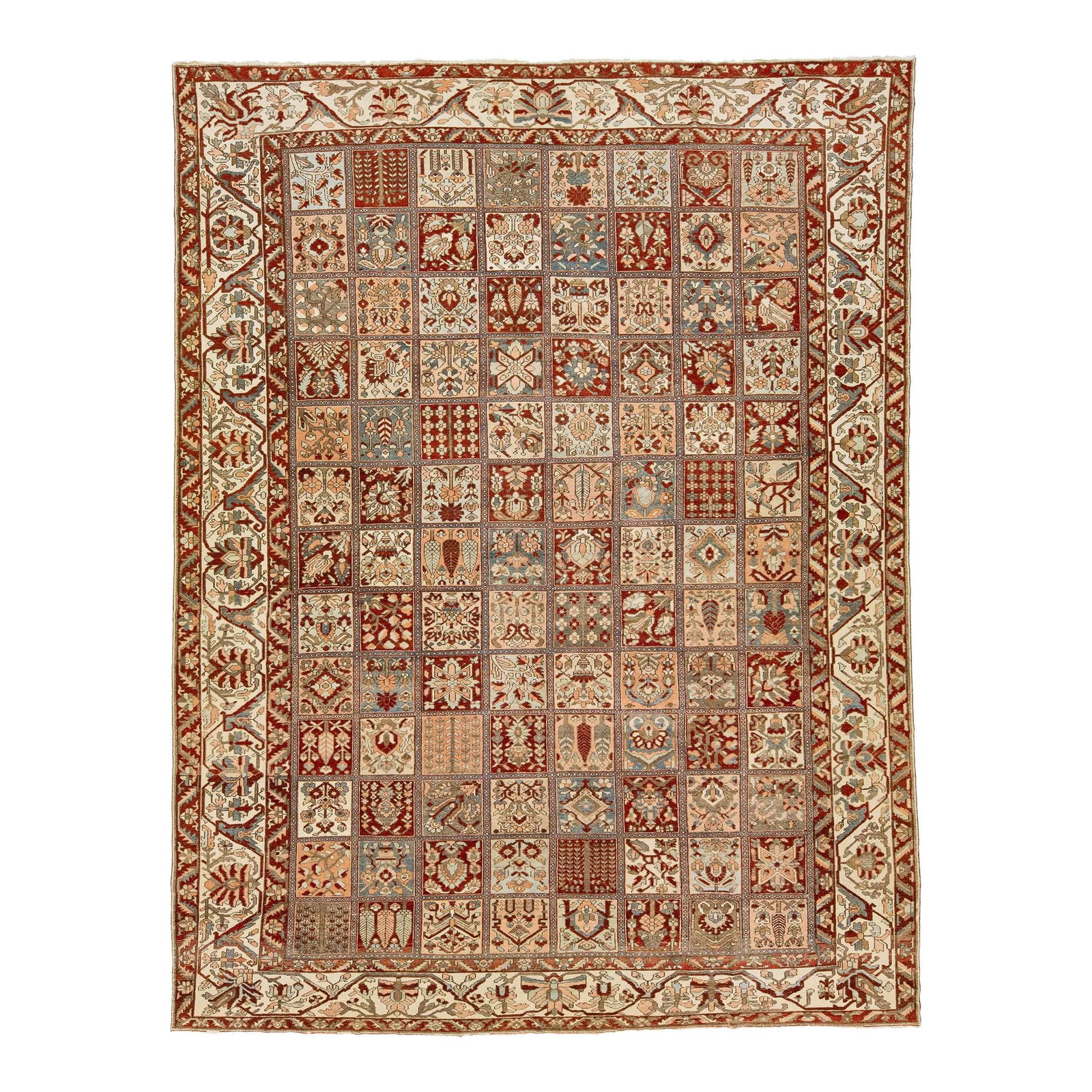 Antique 1920s Persian Bakhtiari Floral Wool Rug 12'4 x 16'7: Antique 1920s Persian Bakhtiari Floral Wool Rug 12'4 x 16'7 Discover the elegance of this Antique Bakhtiari hand-knotted wool rug, a stunning piece crafted in the 1920s. Featuring a rich red-rust, blu