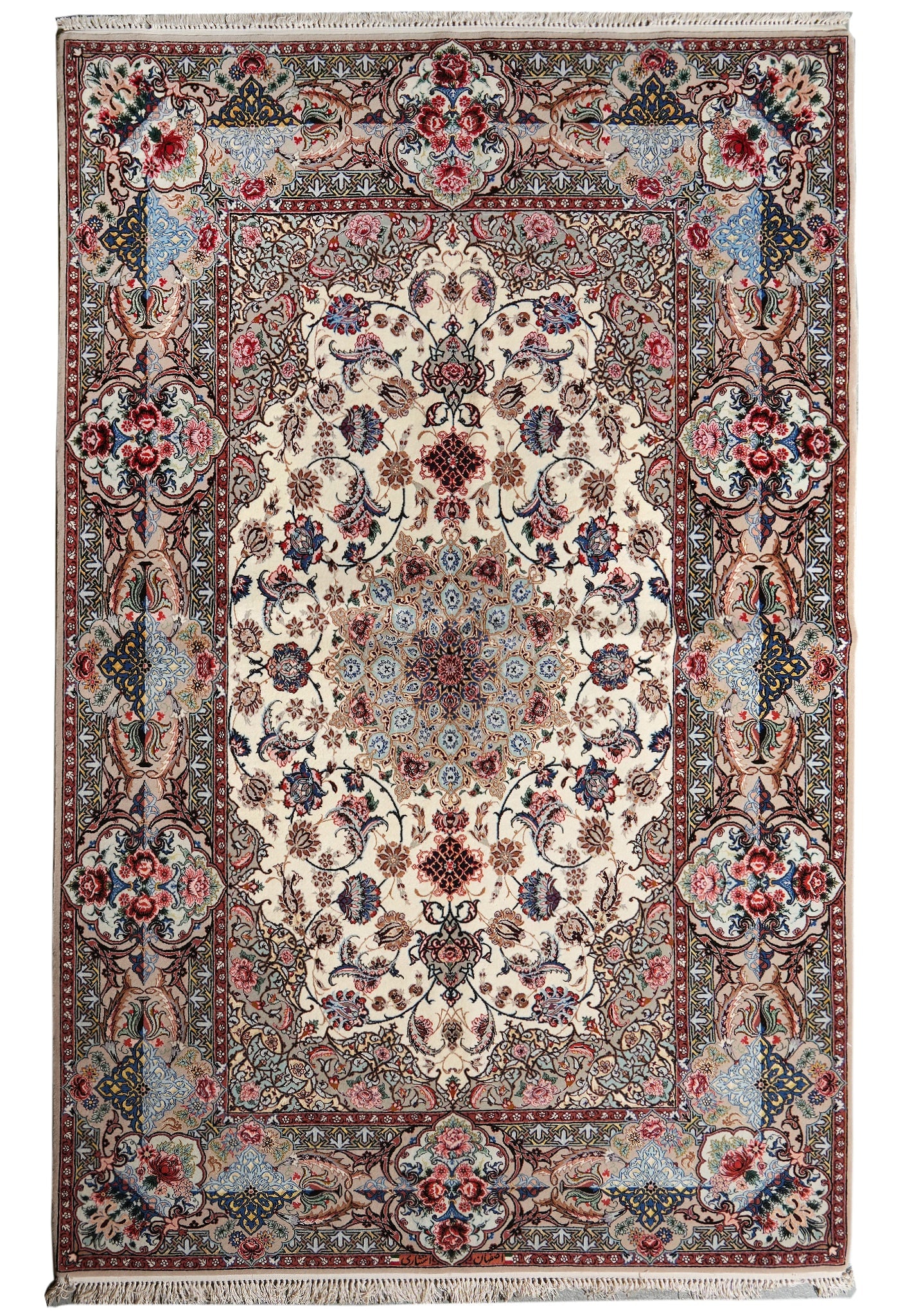 5 x 8 Authentic Persian Esfahan Kork Wool Silk Handmade Rug 500 KPSI: 5 x 8 Authentic Persian Esfahan Kork Wool Silk Handmade Rug 500 KPSI Free continental US Shipping Authentic Persian Esfahan handmade rug crafted from fine wool and silk with a 500 KPSI weave. This rug