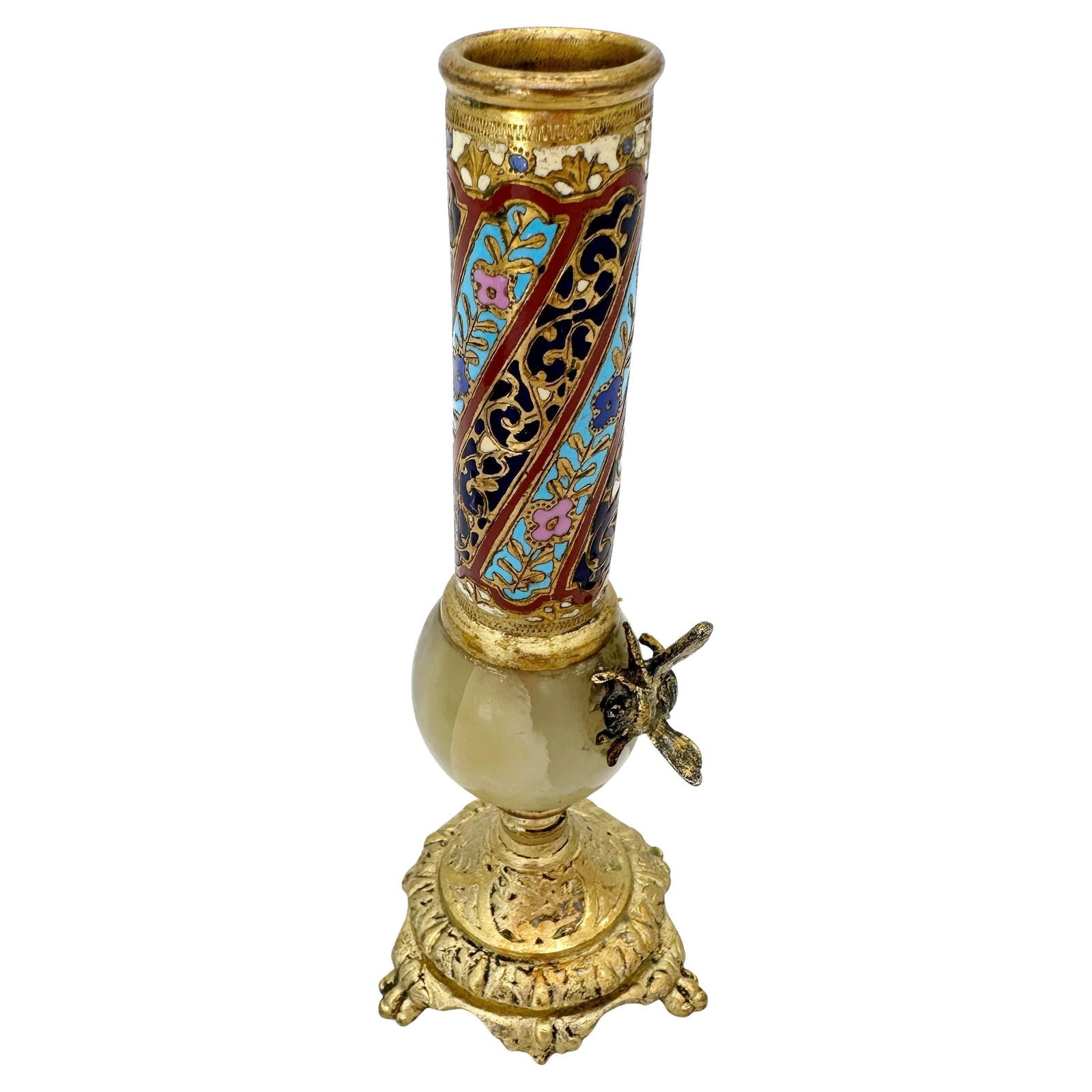 19th Century French Ormolu Onyx Champleve Enamel Bud Vase with Bee: 19th Century French Ormolu Onyx Champleve Enamel Bud Vase with Bee This exquisite late 19th-century French bud vase showcases the elegance of the Aesthetic Movement with its intricate design and luxur