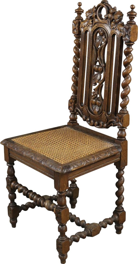 1880 Gothic Revival Oak Dining Chair with Caning: 1880 Gothic Revival Oak Dining Chair with Caning This charming 1880 oak dining chair showcases vintage elegance and is perfect for adding a touch of historical charm to your home. Crafted from oak wit