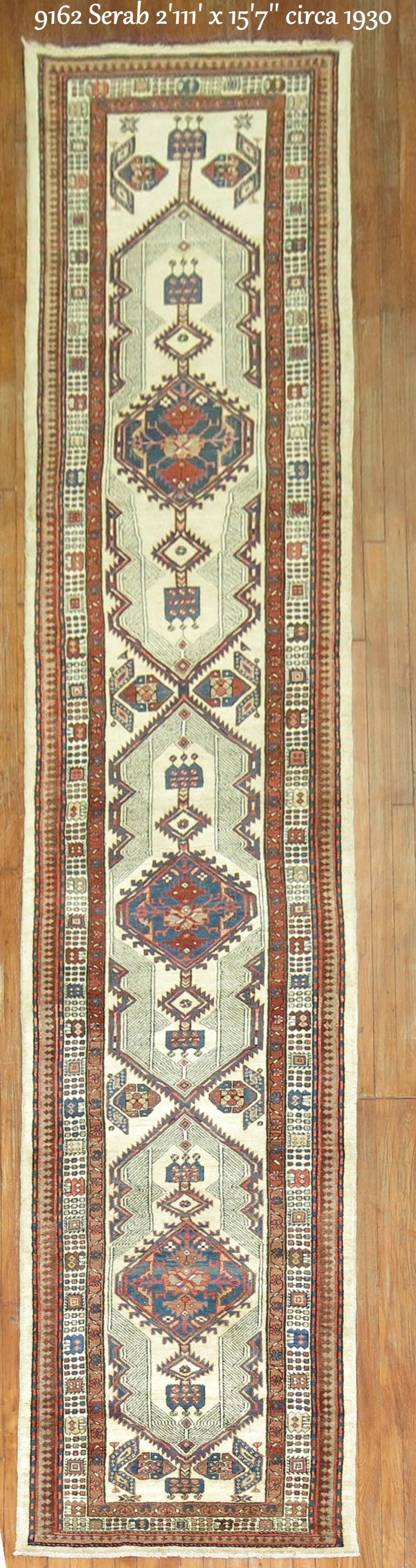 2' 11" x 15' 7" Antique Serab Runner Rug: 2' 11" x 15' 7" Antique Serab Runner Rug Early 20th century antique Serab runner rug. This pre-owned piece features a tribal design and is identified as a Serab runner. Specifications Type: Serab Cate
