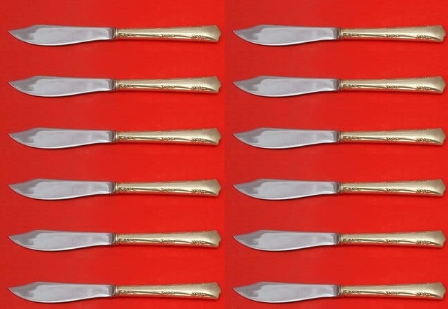 Gorham Greenbrier Sterling Silver Fish Knife Set of 12 pcs 8 1/4": Gorham Greenbrier Sterling Silver Fish Knife Set of 12 pcs 8 1/4" Enhance your dining experience with this exquisite set of 12 fish knives from the Greenbrier pattern by Gorham. Each knife features a 