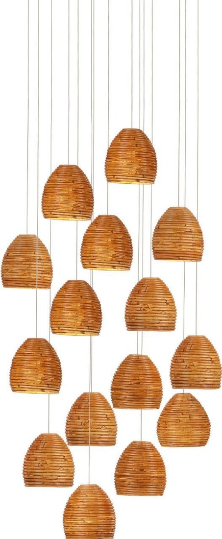 Currey & Company Beehive Rattan Multi-Drop Pendant Light 15-Bulb Dimmable: Currey & Company Beehive Rattan Multi-Drop Pendant Light 15-Bulb Dimmable Illuminate your space with the Currey & Company Rattan Multi-Drop Pendant Light, a stunning blend of Boho chic style and funct