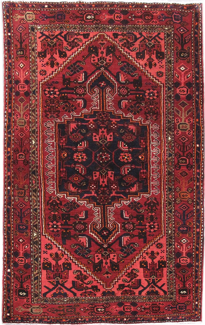 Handcrafted Red Persian Hamadan Rug 4'3 x 6'11 Silk-like Pile: Handcrafted Red Persian Hamadan Rug 4'3 x 6'11 Silk-like Pile Free continental US Shipping Discover the beauty of this handcrafted Red Persian Hamadan Rug, made by skilled Persian artisans. Featuring 