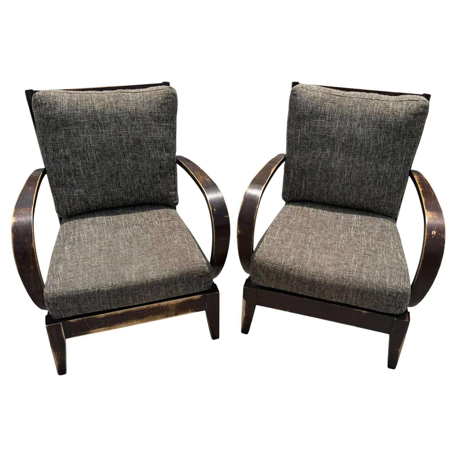 Set of 2 Distressed Hardwood Lounge Chairs Dakota Jackson Style: Set of 2 Distressed Hardwood Lounge Chairs Dakota Jackson Style This set includes two modern lounge chairs crafted in the style of Dakota Jackson, dating from the 1990s. Each chair is constructed from
