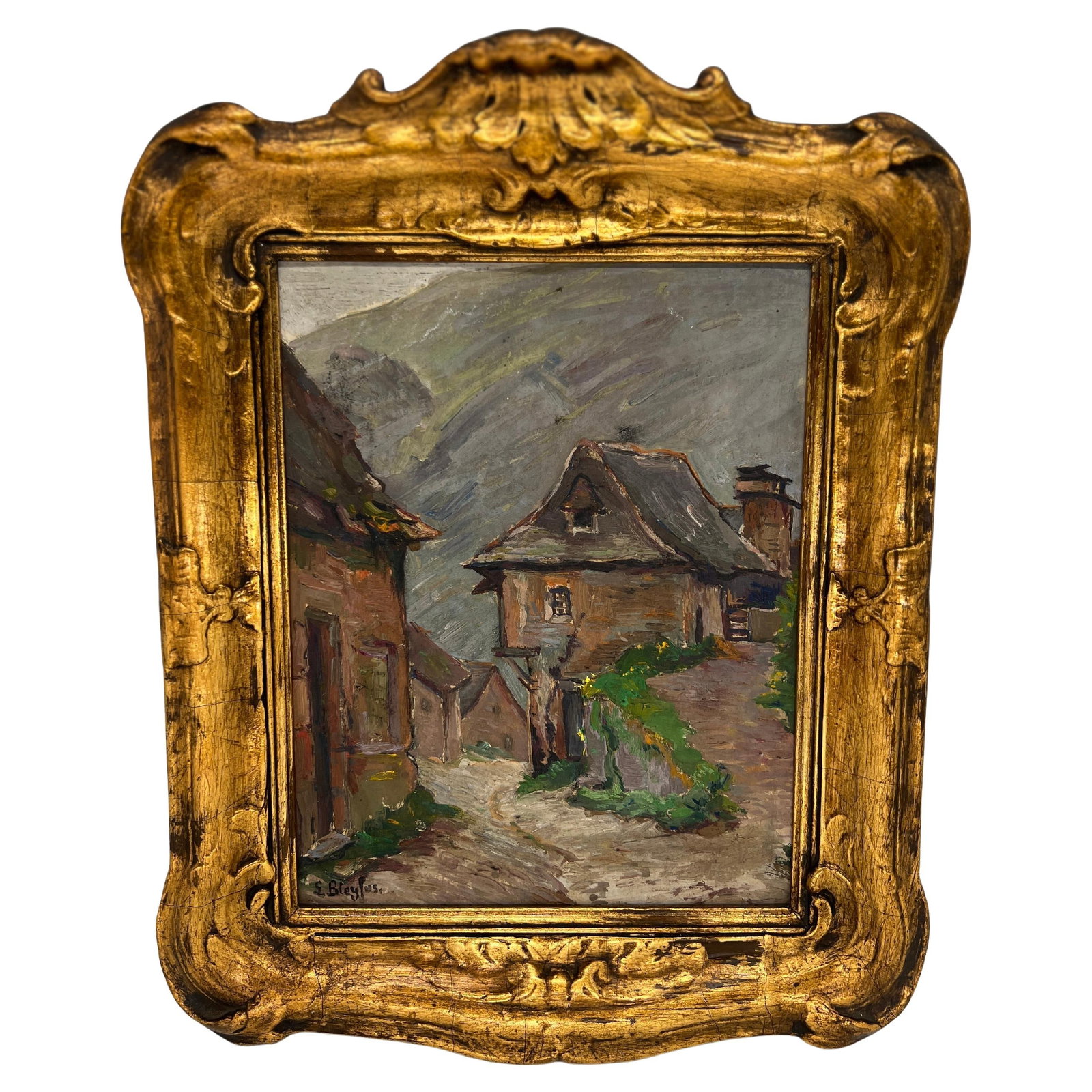 Lucien Bleyfus Hillside Village Oil on Board Impressionist Painting: Lucien Bleyfus Hillside Village Oil on Board Impressionist Painting Experience the serene beauty of rural France with "Hillside Village," an exquisite oil on board painting by Lucien Bleyfus (French, 
