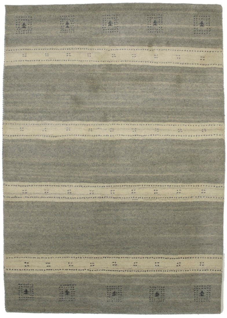 Hand-Knotted Wool Area Rug Multicolor Modern Striped Tribal Pattern 4'8 x 6'8: Hand-Knotted Wool Area Rug Multicolor Modern Striped Tribal Pattern 4'8 x 6'8 This Indo-Gabbeh area rug features a contemporary tribal striped design in multicolored tones including gray and cream. Ha