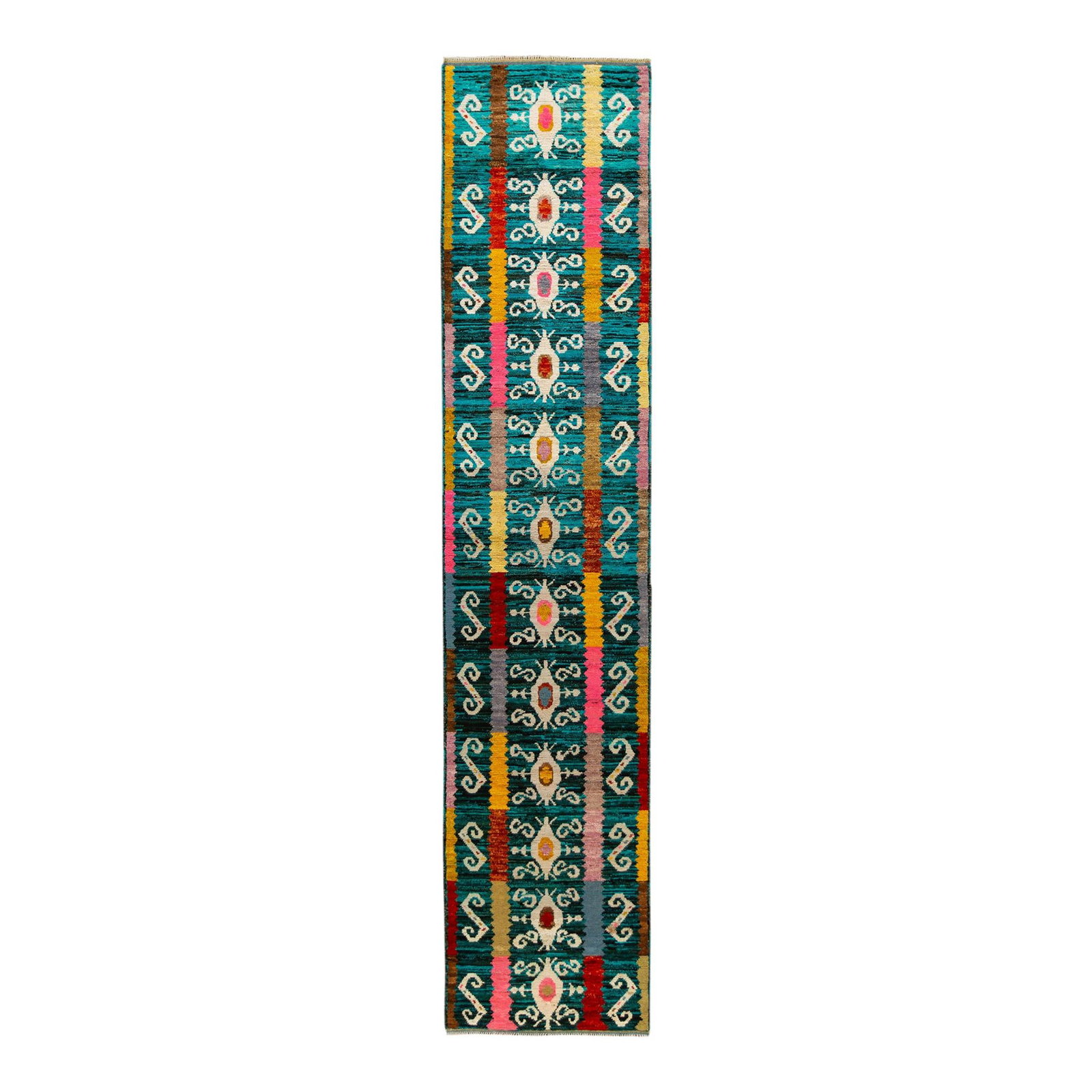 Handmade Modern Gabbeh Teal Wool Runner 2'9 x 12'7 Tribal Design: Handmade Modern Gabbeh Teal Wool Runner 2'9 x 12'7 Tribal Design Enhance your space with this stunning modern Gabbeh handmade wool runner featuring a vibrant teal field. The rug showcases a captivatin
