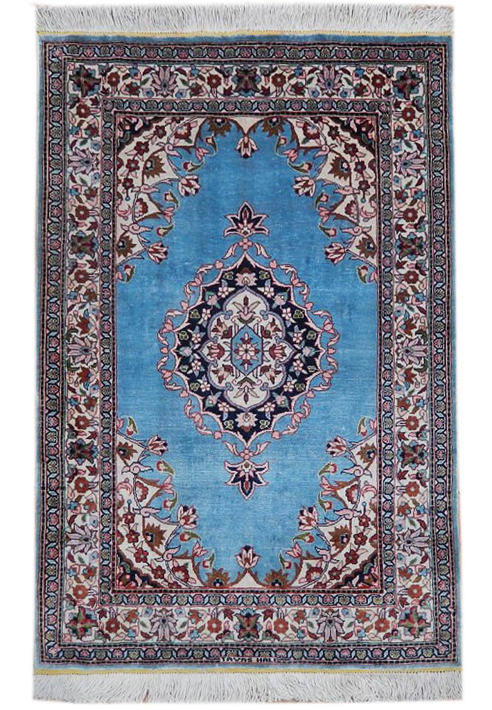 Handcrafted 2' x 3' Persian Qum Silk Rug Light Blue: Handcrafted 2' x 3' Persian Qum Silk Rug Light Blue Free continental US Shipping Elevate your living space with the elegance of this exquisite 2' x 3' Persian Qum Silk Rug in Light Blue. Handcrafted i