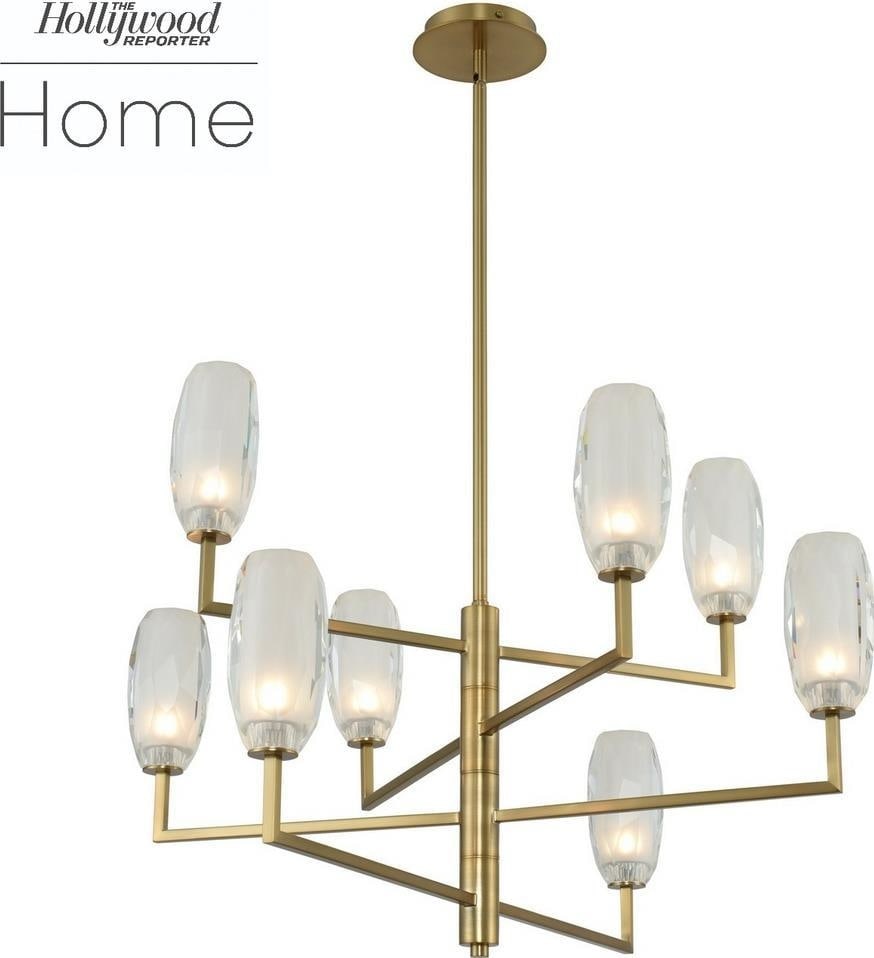 Kalco Modern Winter Brass 8-Light Bowl Chandelier with Frosted Glass: Kalco Modern Winter Brass 8-Light Bowl Chandelier with Frosted Glass Illuminate your space with this stunning Modern Winter Brass Chandelier featuring a refined design that combines elegance with func