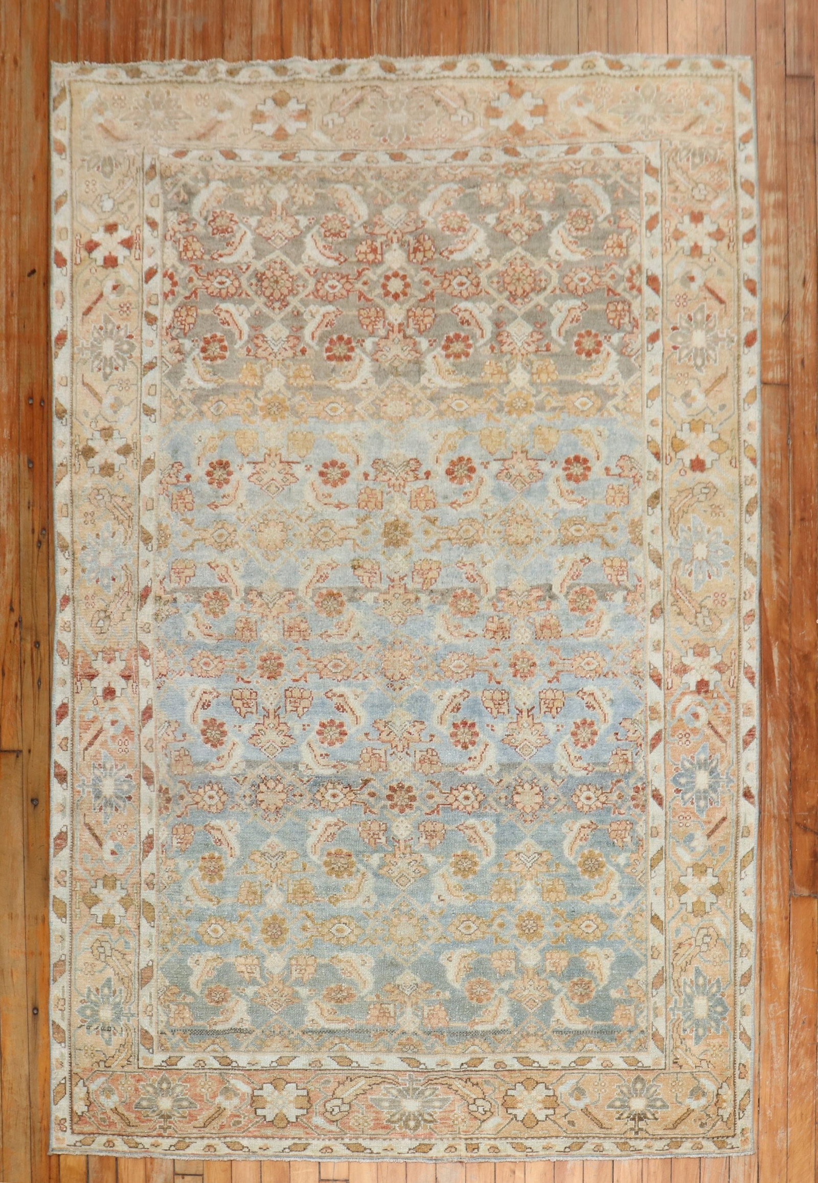 4' 6" x 6' 5" Persian Malayer Accent Rug Herati: 4' 6" x 6' 5" Persian Malayer Accent Rug Herati Antique Persian Malayer rug from the 1920s featuring a Herati design in soft blue and peach tones. This pre-owned accent rug showcases an intricate patt