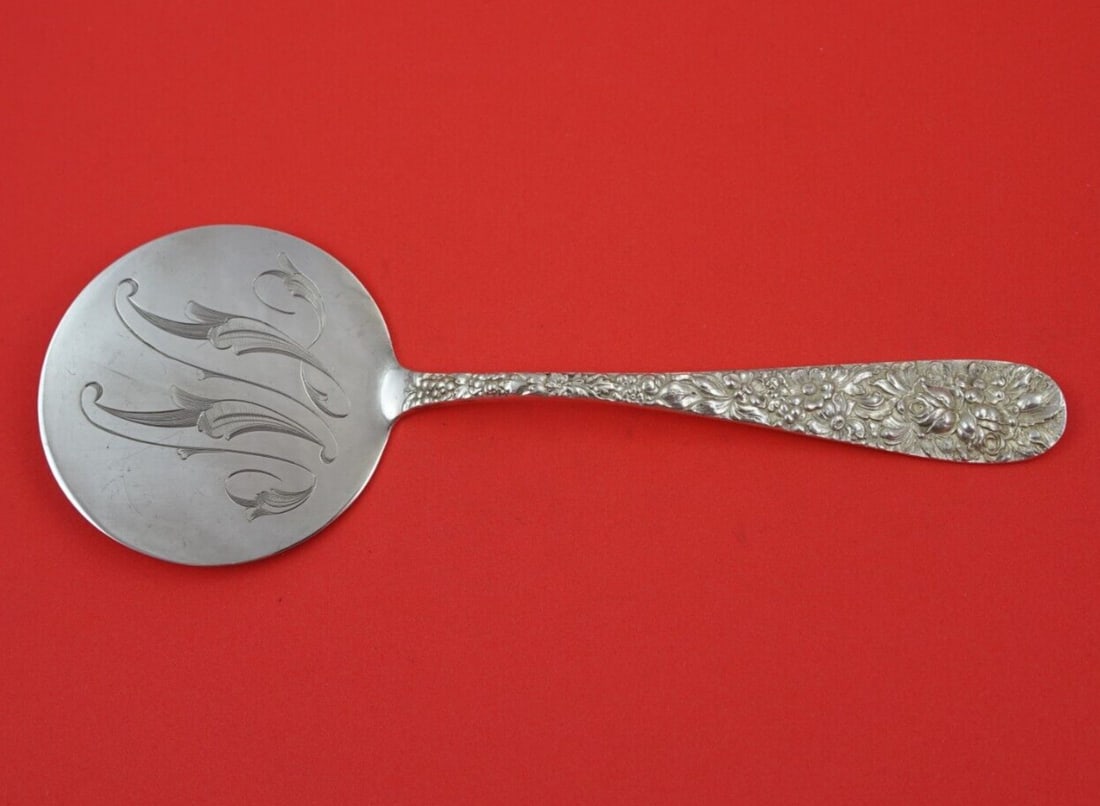 Stieff Rose Sterling Silver Tomato Server Monogrammed Blade 8 1/2": Stieff Rose Sterling Silver Tomato Server Monogrammed Blade 8 1/2" Sterling silver tomato server in the Rose pattern by Stieff. It features a monogram on the blade and is described as being in excelle