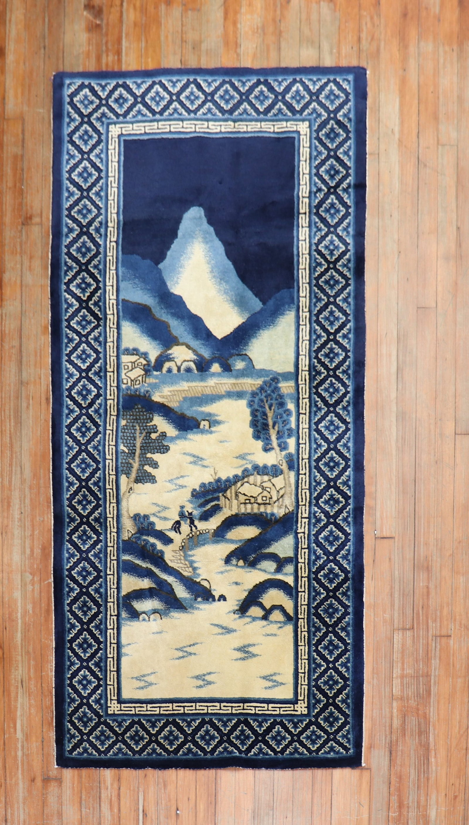 3' x 6' 1" Chinese Batou Peking Scatter Rug: 3' x 6' 1" Chinese Batou Peking Scatter Rug Pre-owned 1920s Chinese Batou scatter-size rug with a traditional landscape design and decorative border. The original description identifies it as a Chines