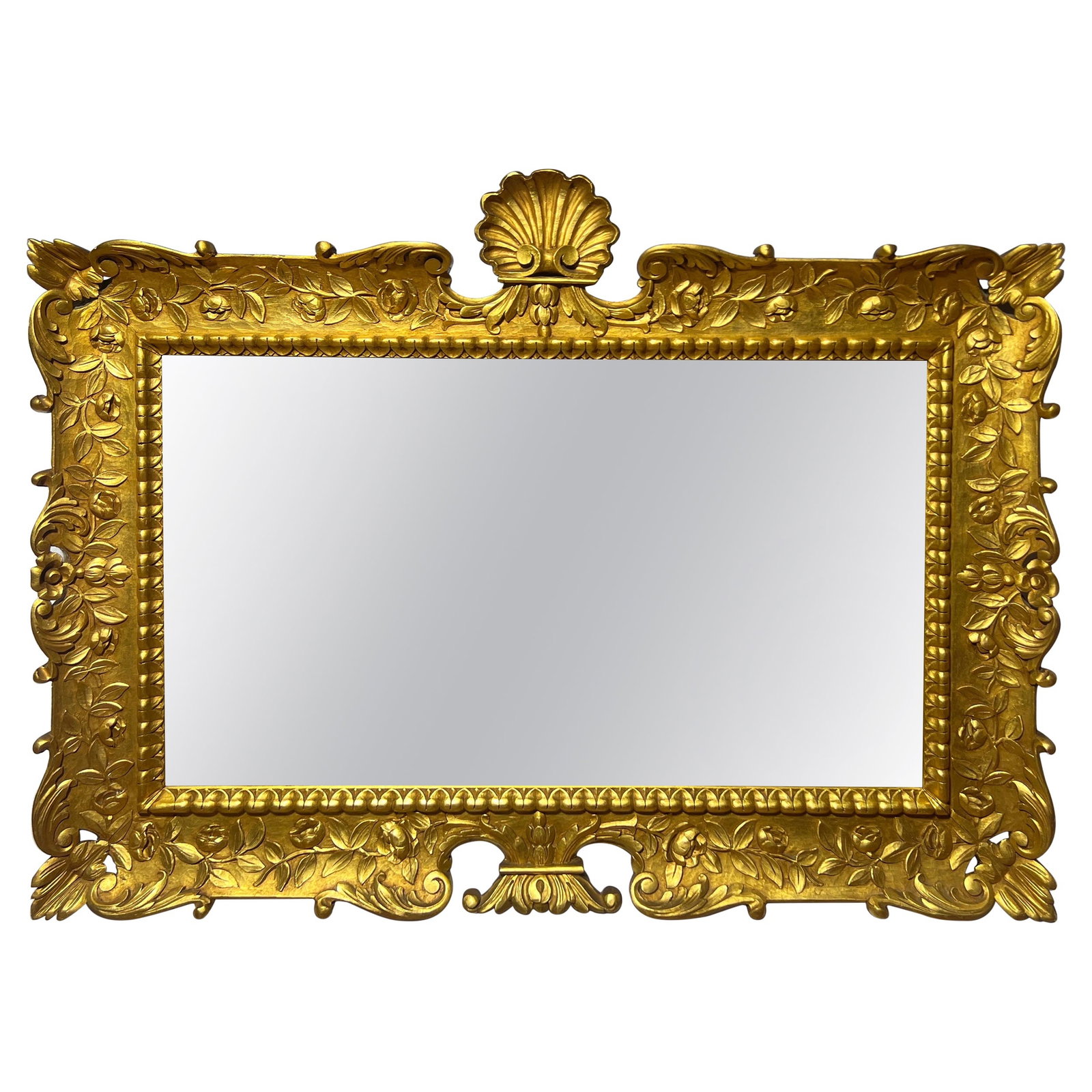 Vintage Italian Rococo Giltwood Shell Wall Mirror 1980s: Vintage Italian Rococo Giltwood Shell Wall Mirror 1980s This vintage Italian carved giltwood and shell decorated wall mirror is a stunning example of Rococo style and craftsmanship. Measuring 36.5 in 