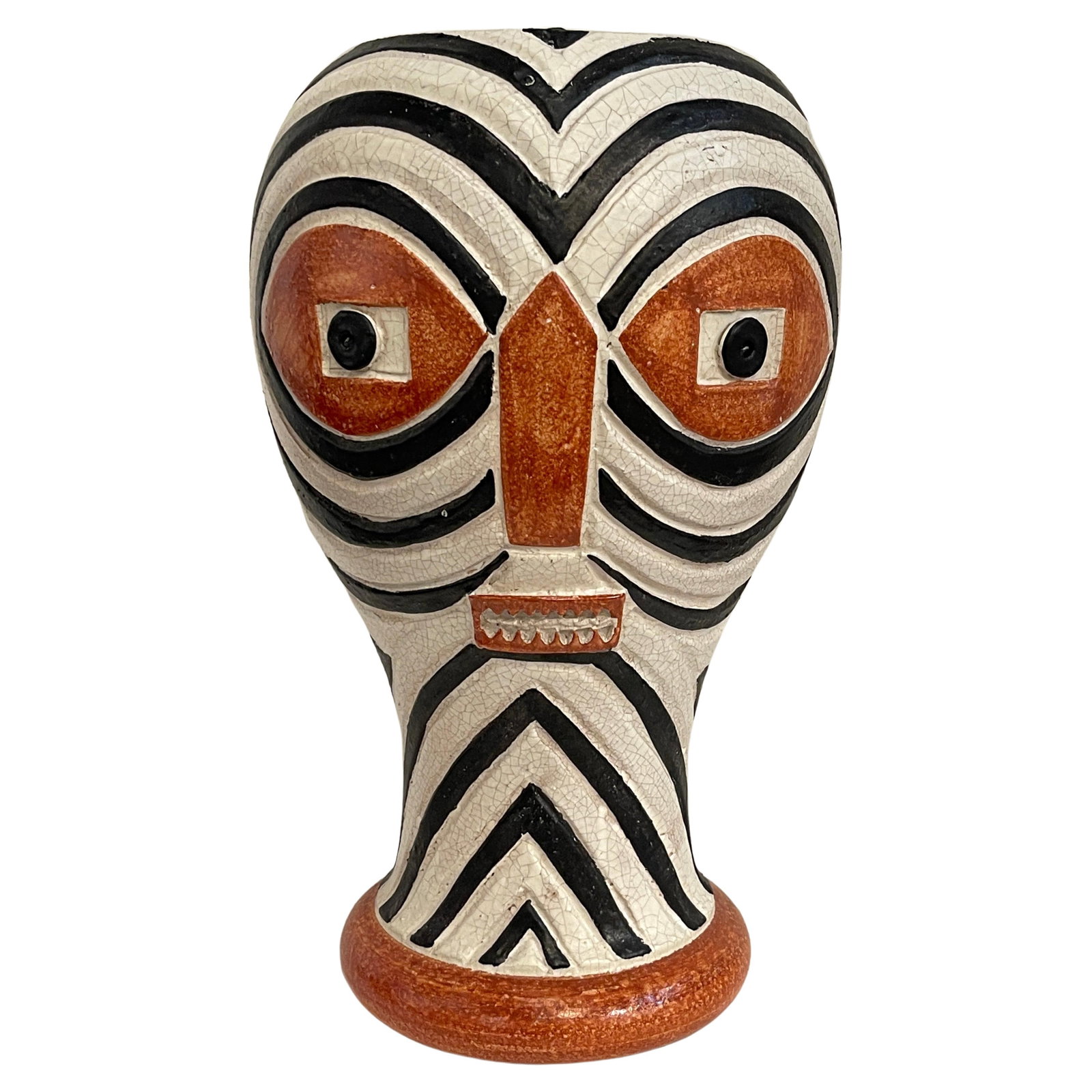 ND Dolfi Modern Italian Hand-Painted Mask Motif Vase 19 in: ND Dolfi Modern Italian Hand-Painted Mask Motif Vase 19 in This stunning Modern Italian Pottery Mask Motif Vase, crafted by ND Dolfi in the 1990s, showcases a unique geometric design that stands at an