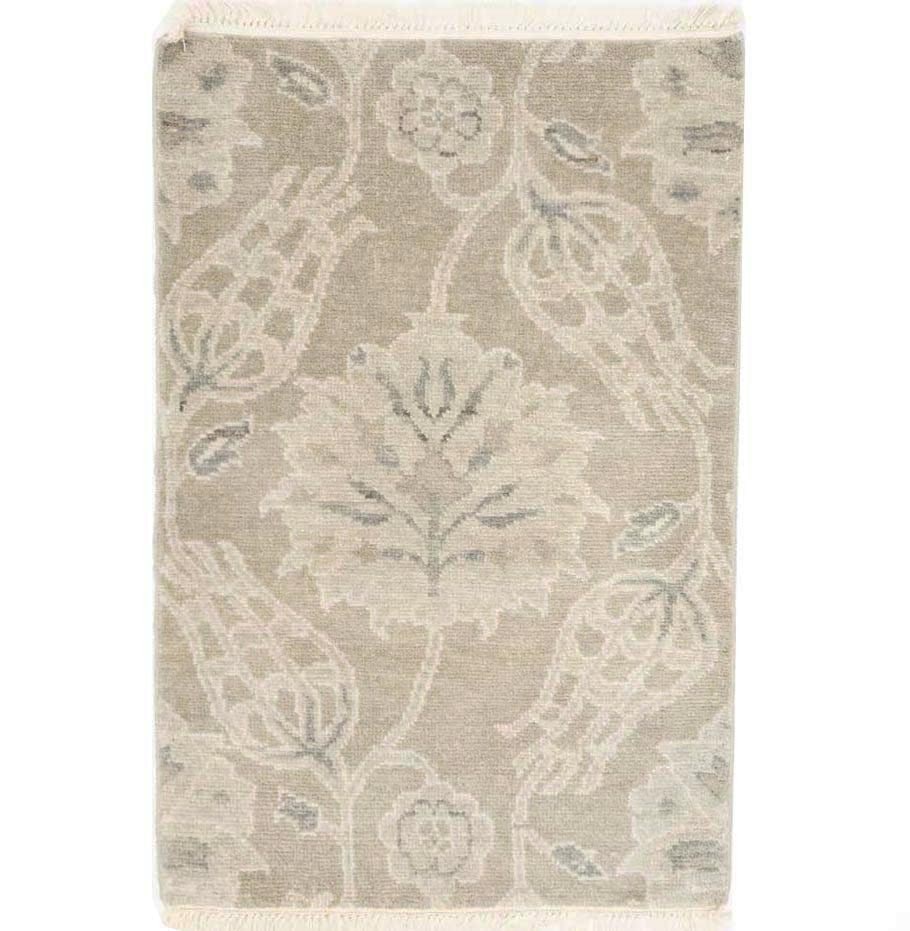 Modern Tan Wool Floral Area Rug 2x3 Ft Hand-Knotted Entryway Accent: Modern Tan Wool Floral Area Rug 2x3 Ft Hand-Knotted Entryway Accent This hand-knotted modern oriental rug features a tan, cream, and gray floral design, suitable for various spaces such as entryways, 