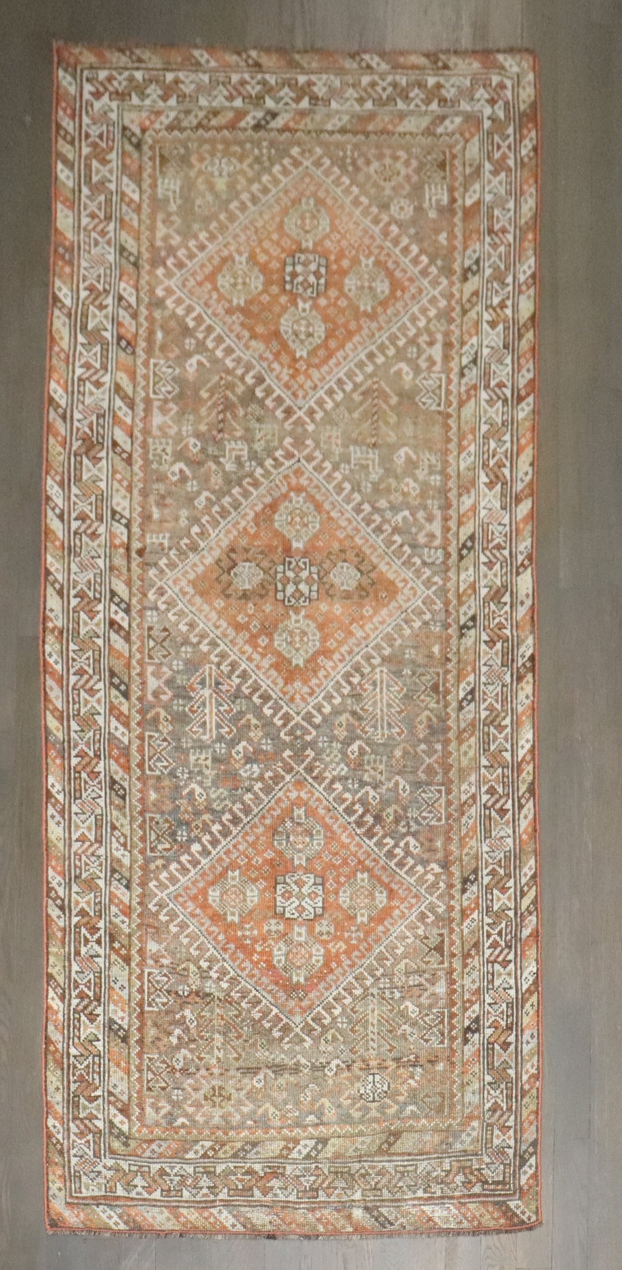 2' 7" x 5' 11" Small Khamseh Shiraz Persian Tribal Rug: 2' 7" x 5' 11" Small Khamseh Shiraz Persian Tribal Rug Late 19th century Tribal Persian Khamseh Shiraz small runner with a pre-owned condition. This piece is identified as a Shiraz runner and retains 