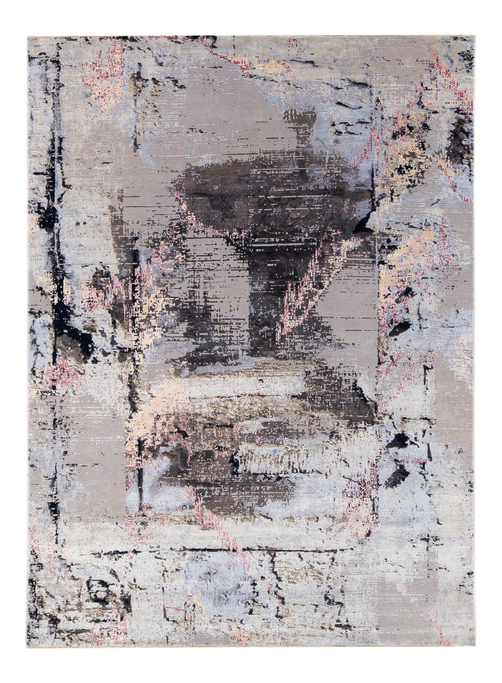 Modern Indian Hand-Knotted Gray Abstract Wool Silk Rug 9' x 12'3: Modern Indian Hand-Knotted Gray Abstract Wool Silk Rug 9' x 12'3 Enhance your living space with this stunning modern Indian hand-knotted rug, expertly crafted from a blend of wool and silk. Featuring 