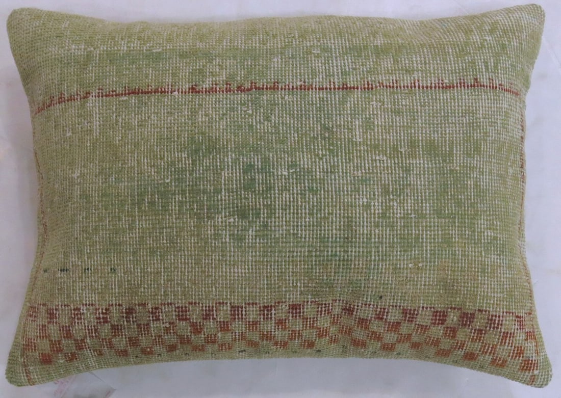 Turkish Deco Rug Pillow Soft Green 1' 6" x 2' 1": Turkish Deco Rug Pillow Soft Green 1' 6" x 2' 1" Decorative pillow made from a mid-20th century Turkish Deco rug in a soft green tone. This pre-owned piece combines Deco character with a shabby chic l