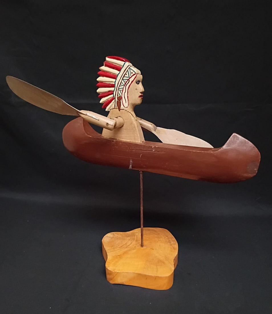 Antique Folk Art Whirligig Carved Wood and Tin Canoe Figure 17" (1 of 18)
