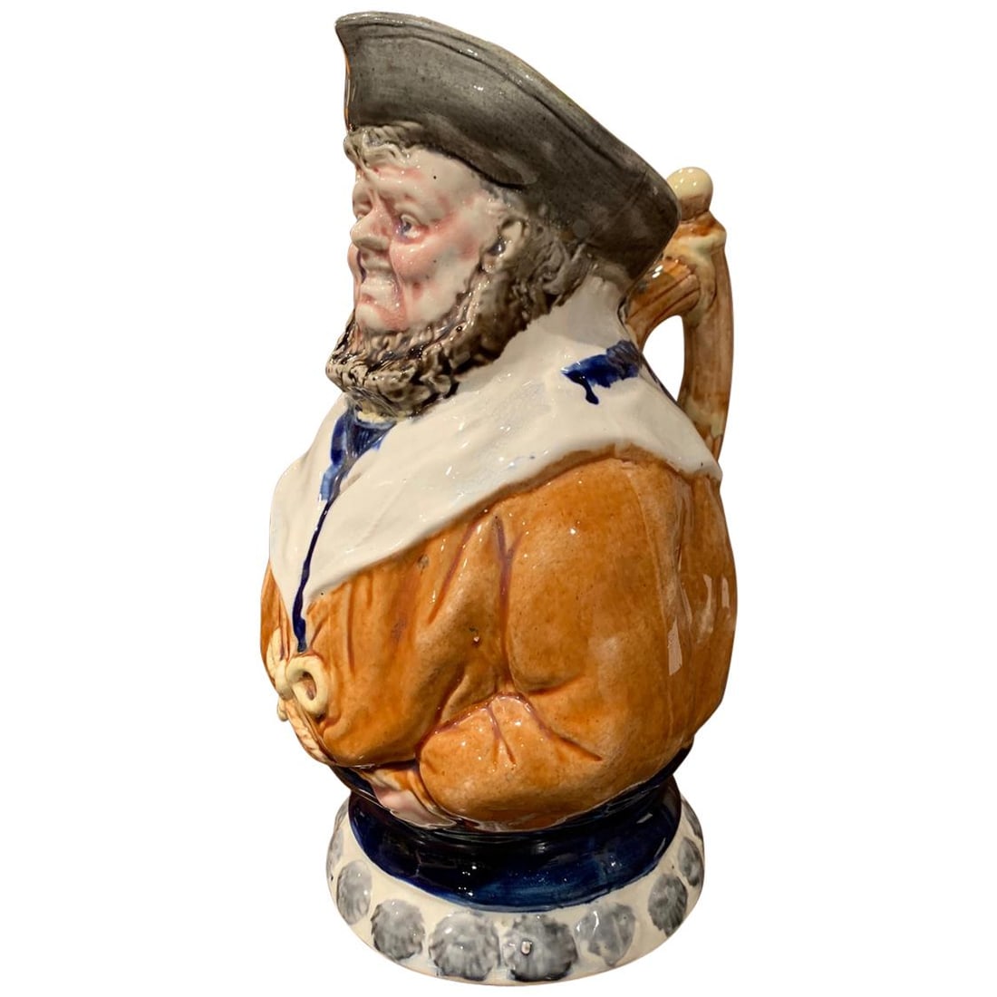 19th Century Belgian Majolica Sailor Pitcher from Nimy Les Mons: 19th Century Belgian Majolica Sailor Pitcher from Nimy Les Mons Enhance your bar area with this exquisite 19th Century Belgian painted ceramic barbotine pitcher, crafted in Nimy Les Mons around 1890. 