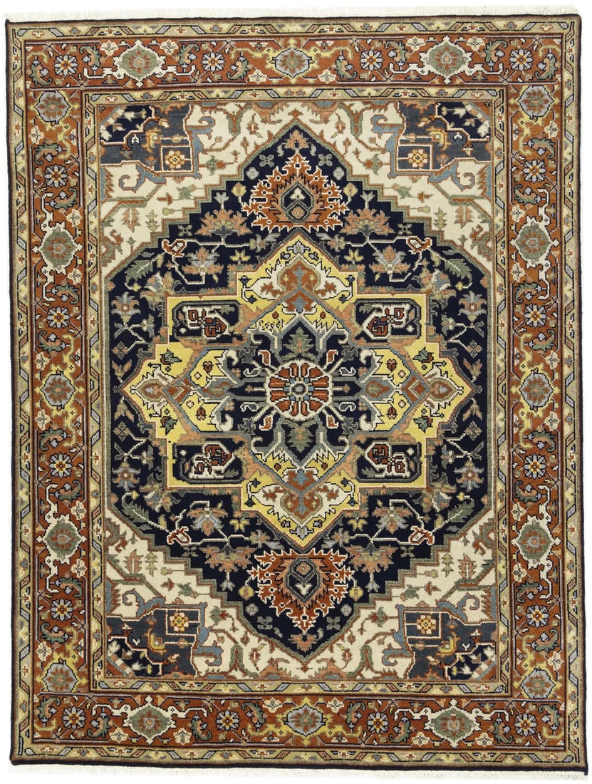 Hand-Knotted Wool Area Rug in Serapi Floral Pattern 7'9 x 10'2: Hand-Knotted Wool Area Rug in Serapi Floral Pattern 7'9 x 10'2 This handmade Serapi Oriental rug features a floral pattern in a blend of dark navy, orange, yellow, brown, gray, blue, and green colors.