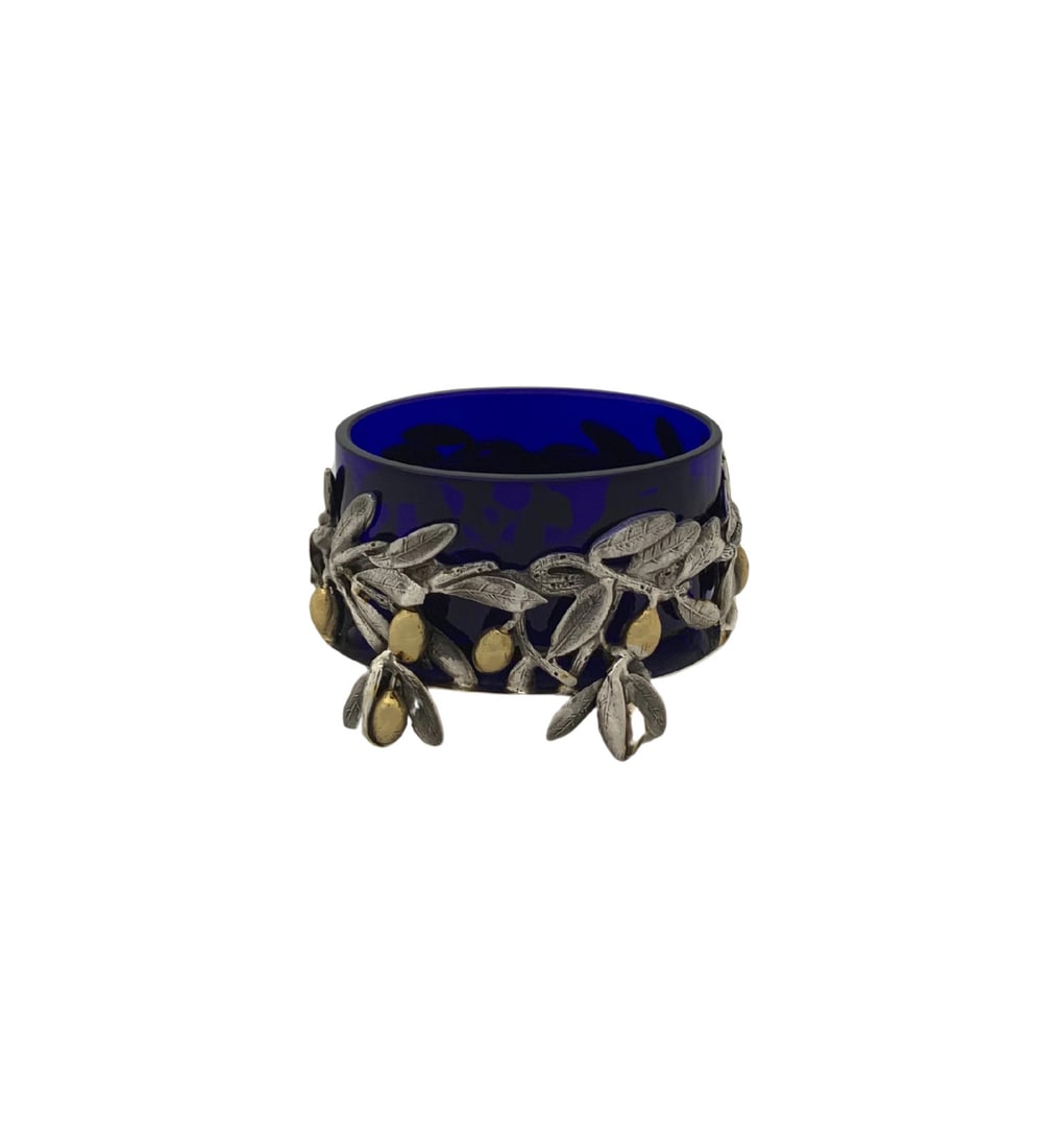 Italian 925 Sterling Silver Gilded Olive Leaf Salt Holder with Blue Glass (1 of 4)