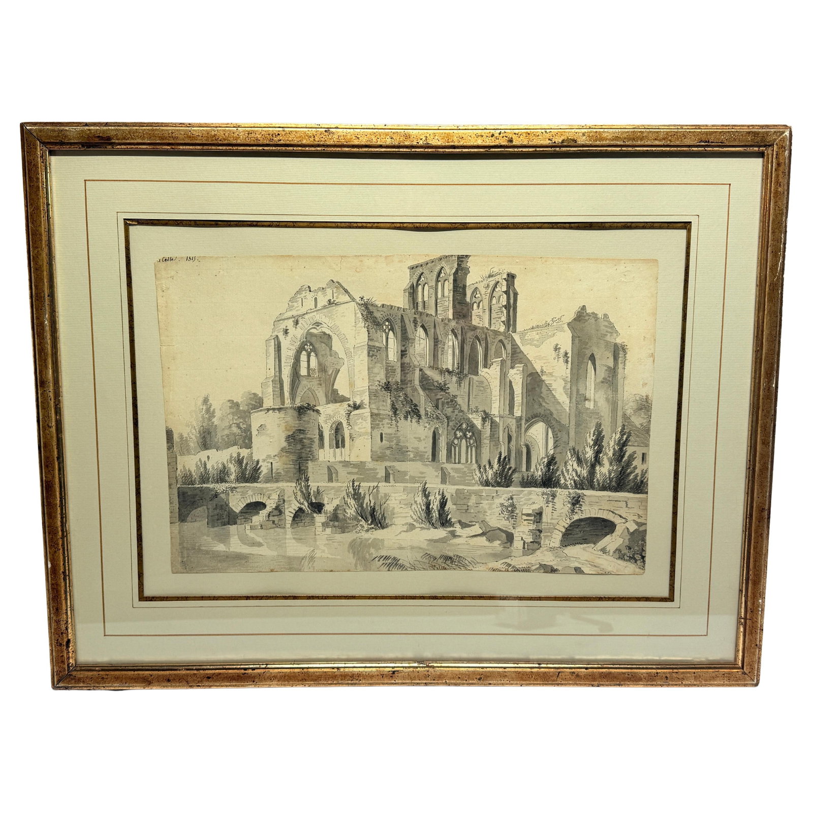 Grand Tour Watercolor of Gothic Ruins by Charles-Joseph Celle 1813: Grand Tour Watercolor of Gothic Ruins by Charles-Joseph Celle 1813 This exquisite Grand Tour watercolor, attributed to the renowned French draughtsman Charles-Joseph Celle, dates back to 1813. The art