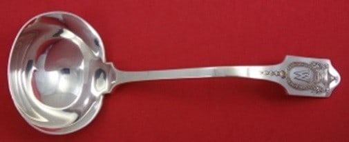 Shreve Adam Sterling Silver Gravy Ladle 7 Inch Serving Piece: Shreve Adam Sterling Silver Gravy Ladle 7 Inch Serving Piece Sterling silver gravy ladle in the Adam pattern by Shreve. It measures 7 inches and is monogrammed, with monograms that vary. The piece is 