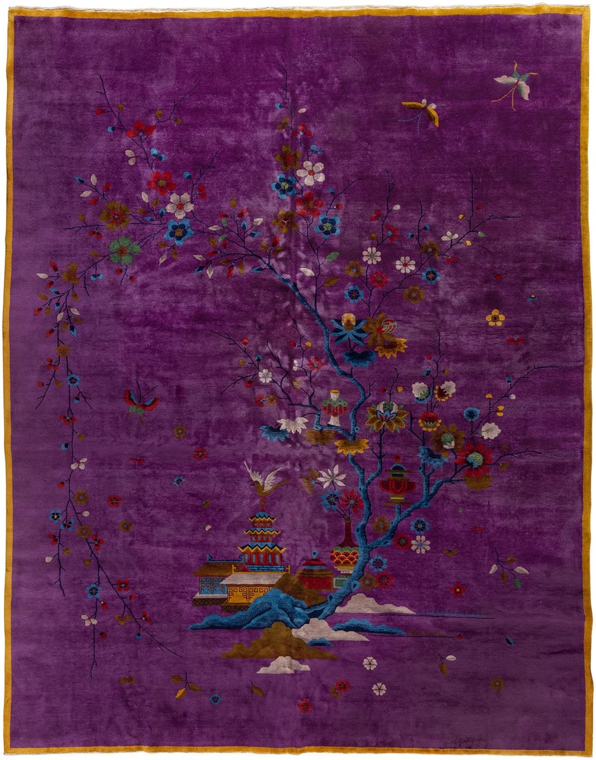 9' x 11' 6" Chinese Art Deco Room Carpet in Purple: 9' x 11' 6" Chinese Art Deco Room Carpet in Purple Room-size Chinese Art Deco carpet from the 1930s with a purple field. Described as being in medium even pile condition and featuring a decorative des