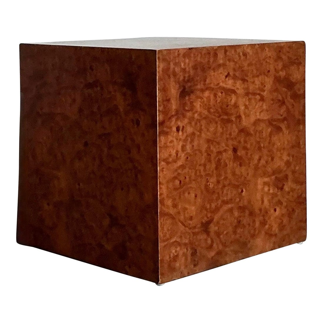 1970s Cubic Burlwood Side Table Minimalist Boho Accent Block: 1970s Cubic Burlwood Side Table Minimalist Boho Accent Block This vintage burl wood block table showcases the organic patterns and rich tones of burl veneer, highlighting minimalist 1970s design. Its 