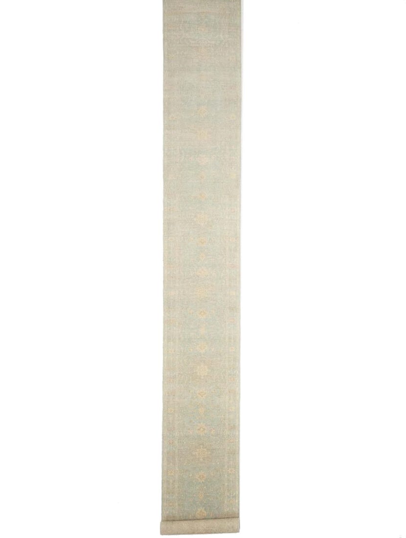 Muted Aqua Blue Wool Floral Runner Rug 2'6 x 19'11 Hand-Knotted Modern: Muted Aqua Blue Wool Floral Runner Rug 2'6 x 19'11 Hand-Knotted Modern This handmade Oriental runner rug features a muted aqua blue floral pattern, offering a stylish accent for hallways and other liv