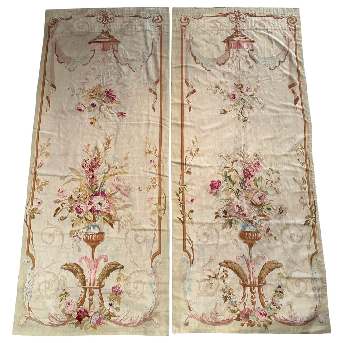 Handwoven French Aubusson Floral Tapestry Portiere Set Mid 19th Century: Handwoven French Aubusson Floral Tapestry Portiere Set Mid 19th Century This pair of 19th century French Aubusson portiere panels features exquisite handwoven floral designs. Crafted circa 1860, each 