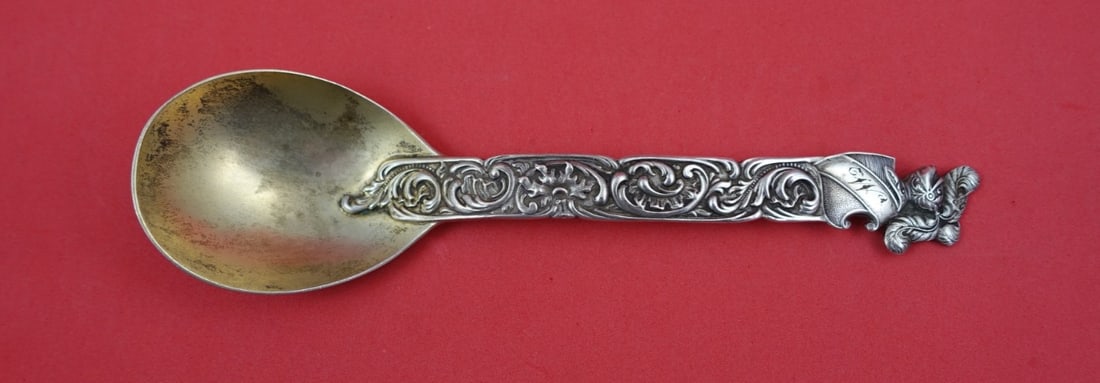 Shiebler Sterling Silver Preserve Spoon Gold Wash Knight Motif 7 1/8 Inch (1 of 2)