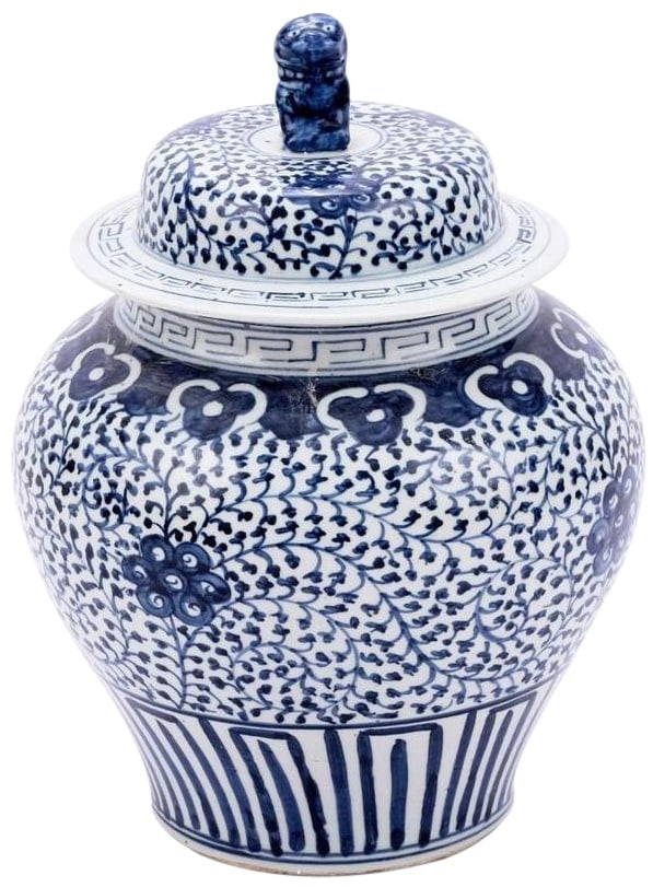 Chinoiserie Style Handmade Ceramic Jar Blue Curly Vine Design: Chinoiserie Style Handmade Ceramic Jar Blue Curly Vine Design This exquisite ceramic jar features a traditional curly vine design, embodying the elegance of Chinoiserie style. Handmade with care, it s