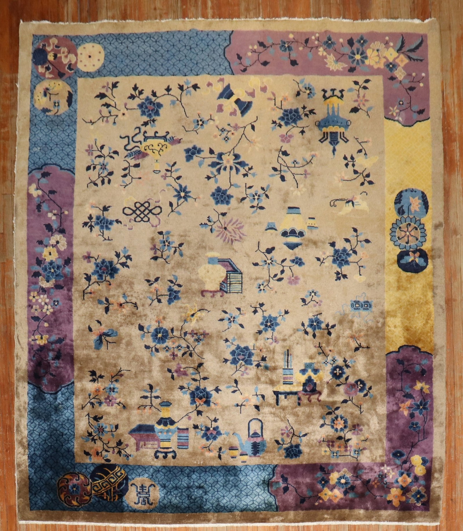 8' 1" x 9' 6" Chinese Deco Room Rug 1940s: 8' 1" x 9' 6" Chinese Deco Room Rug 1940s A pre-owned 1940s Nichols Chinese Art Deco room rug with a floral pattern. The design reflects Chinese Deco styling, and the rug is identified as a room-size 
